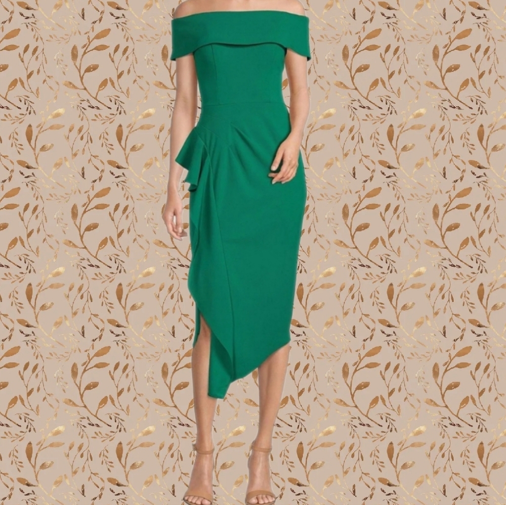 Betsy & Adam Off-Shoulder Emerald Green One-Shoulder Sheath Dress